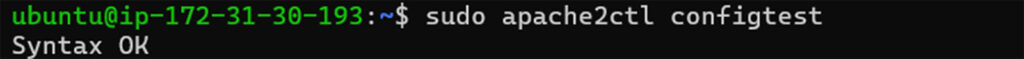 A screenshot of the configtest on an Apache2 Ubuntu web server