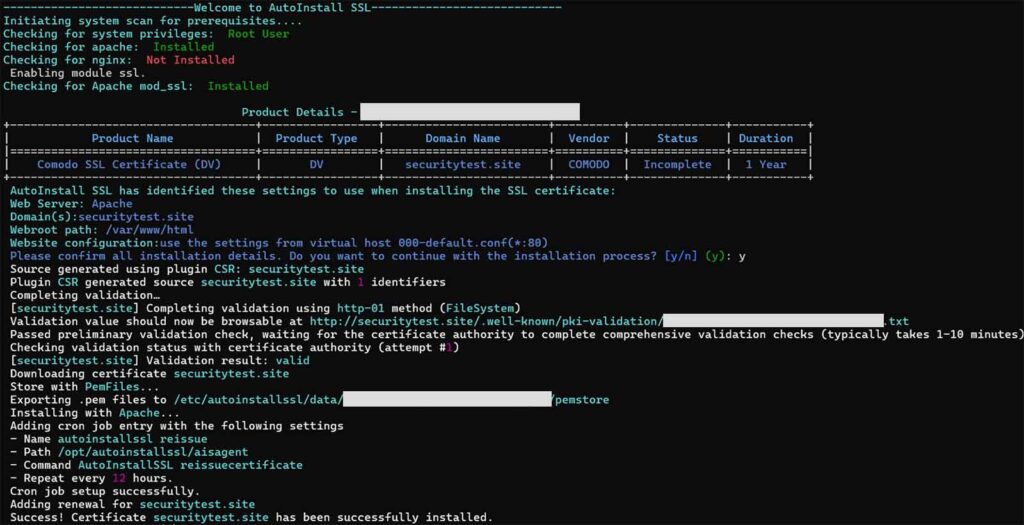 A confirmation message showing that you've installed AutoInstall SSL successfully on your server