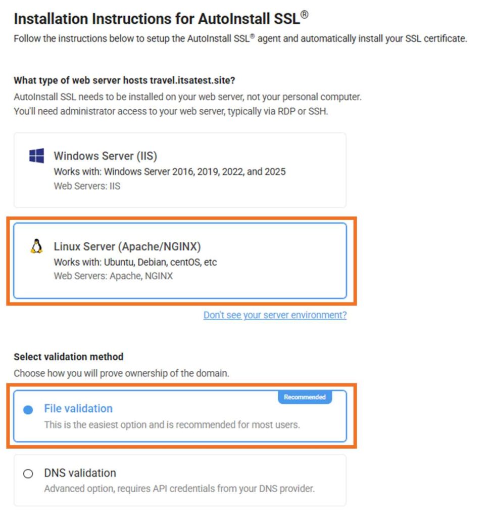 A screenshot showing where to select your server and validation method