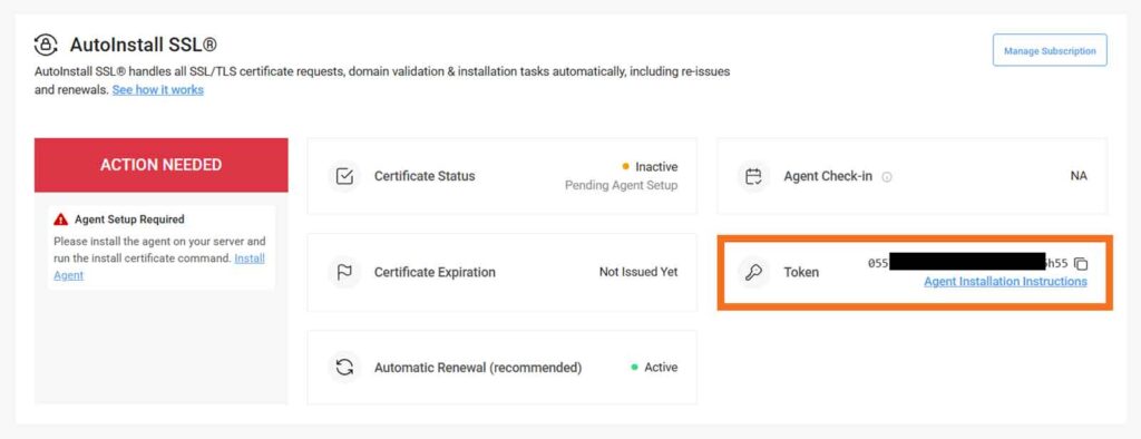 A screenshot showing where to find the AutoInstall SSL token to complete the installation process