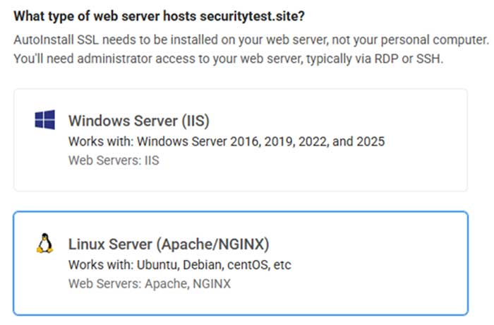 An example of where to select the web server when preparing to install CertPanel AutoInstall SSL