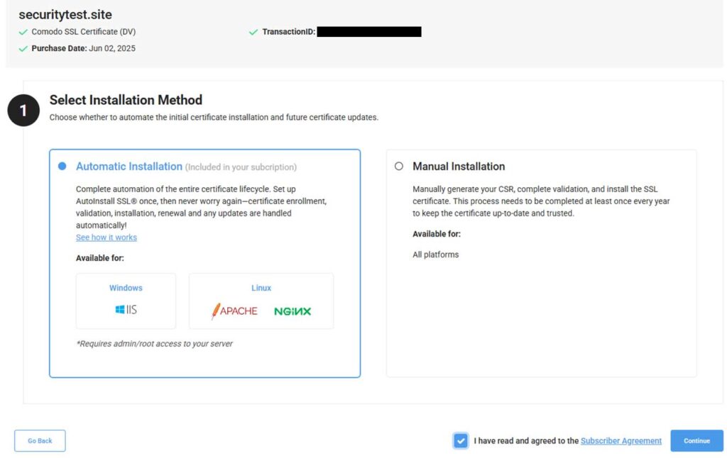 A screenshot showing where you can choose whether to use the manual or automated SSL installation method on NGINX Ubuntu and other distros (as well as Windows IIS and Apache servers)