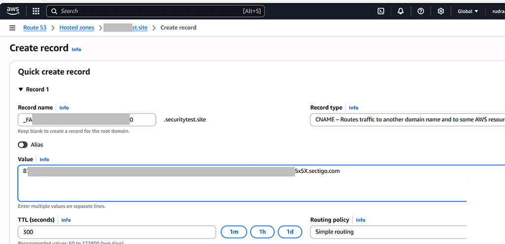 A screenshot of the DNS record creation screen in AWS Route 53