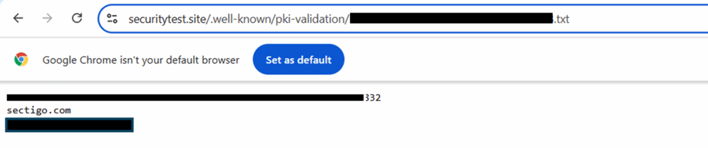 A redacted screenshot of the resulting CA HTTP challenge token information being listed at the specified file path