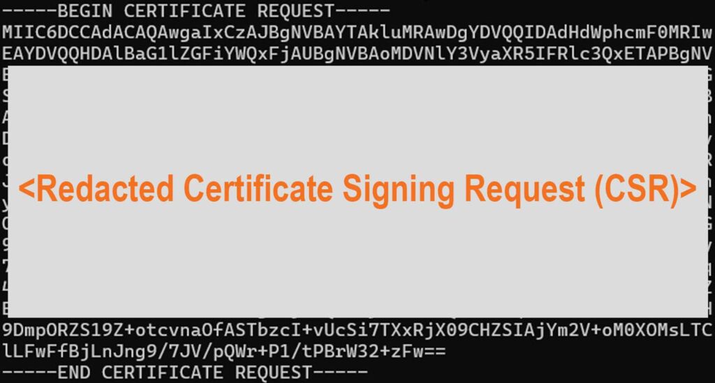A redacted example of a certificate signing request (CSR)