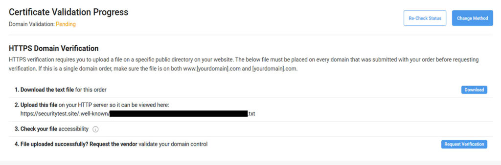 A screenshot showing the steps for domain validation and where you can download the file needed for file-based validation (i.e., HTTP validation)