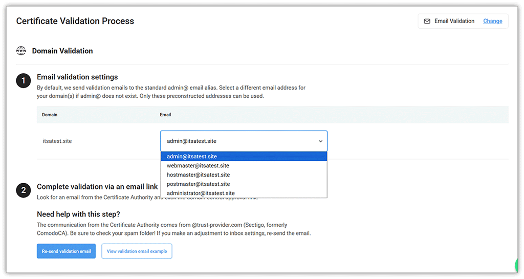 A demonstration of the different pre-determined email addresses you can select for email-based validation