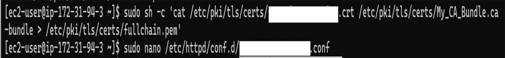 A terminal screeshot illustrating how to create a fullchain file by combining the server certificate and CA bundle file