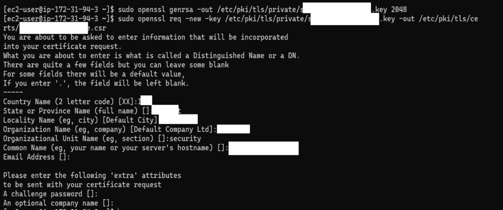 A screenshot showing the commands to use when creating a csr and private key in CentOS Apache