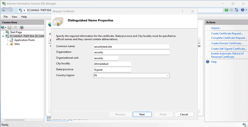 An example of the CSR property fields you must complete when generating a certificate signing request