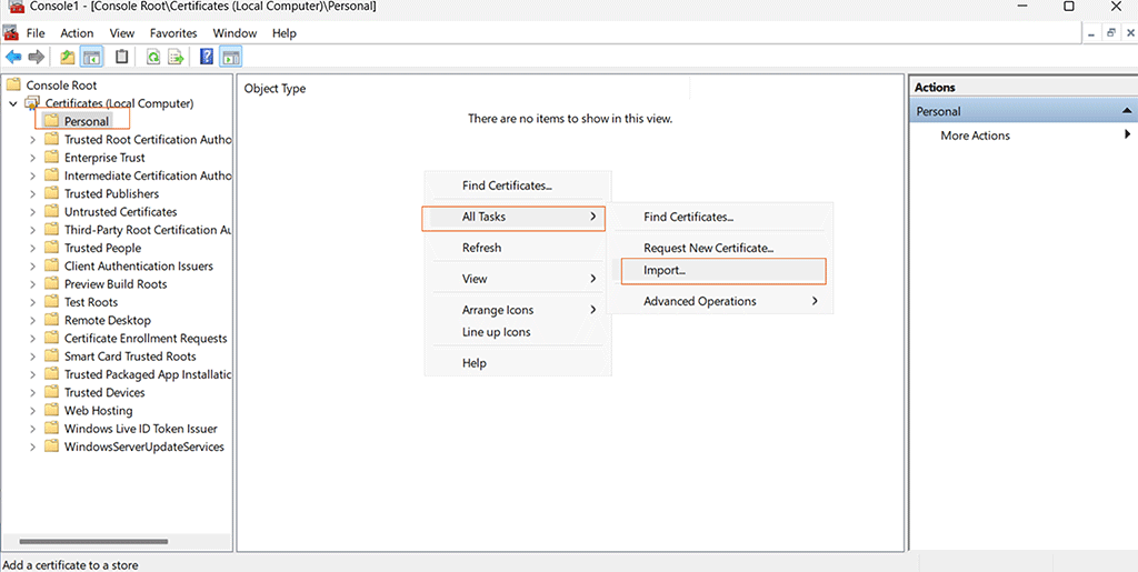 An example showing the Personal certificates folder in Windows Trust Store