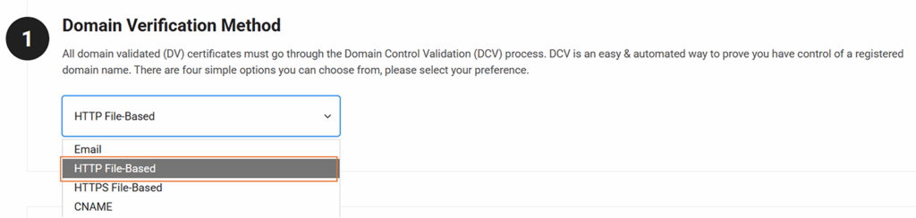 A screenshot of where to select your preferred domain control validation (DCV) method