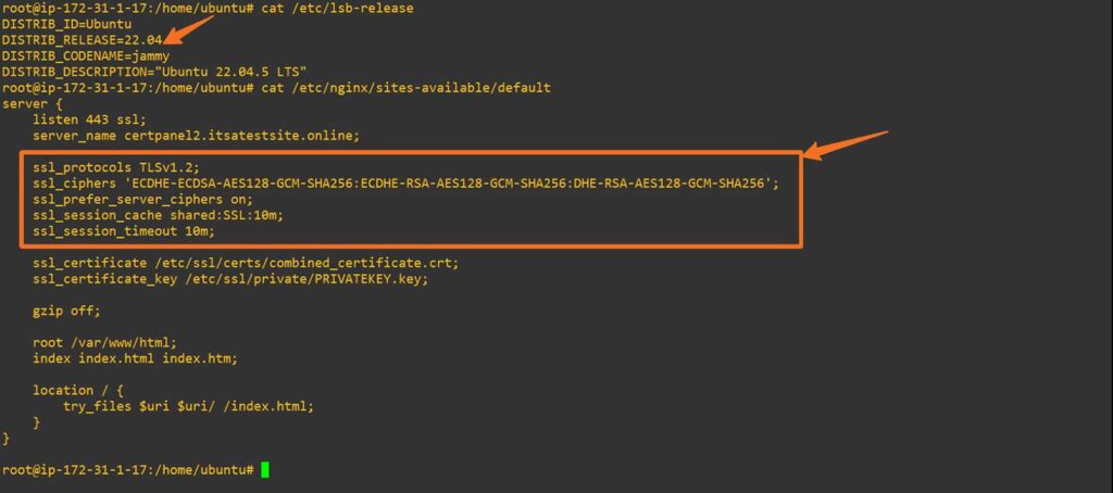 This screenshot demonstrates the specified TLS 1.2 and cipher configurations in NGINX Ubuntu 22.04