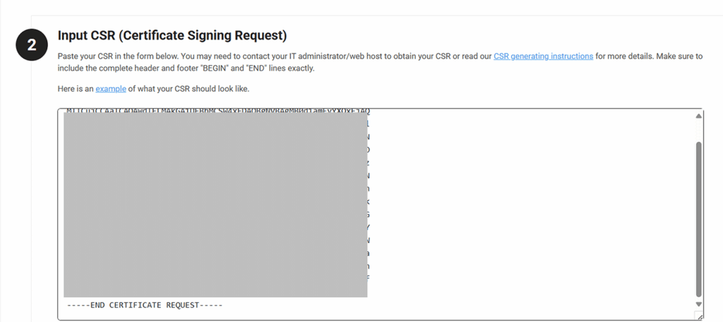 An example of where to enter a certificate signing request's data in the CertPanel dashboard