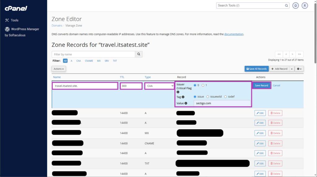 A screenshot demonstrating how to set up a CAA record in cPanel
