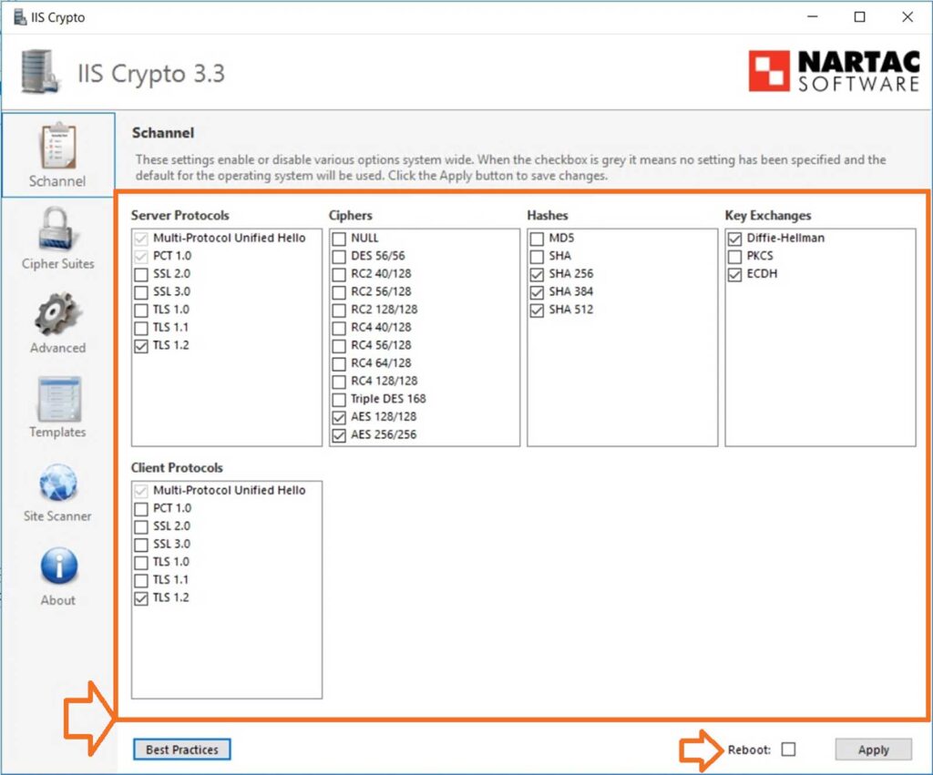 SSL vulnerabilities remediation graphic: A screenshot example of settings in Nartect Software's IIS Crypto 3.3