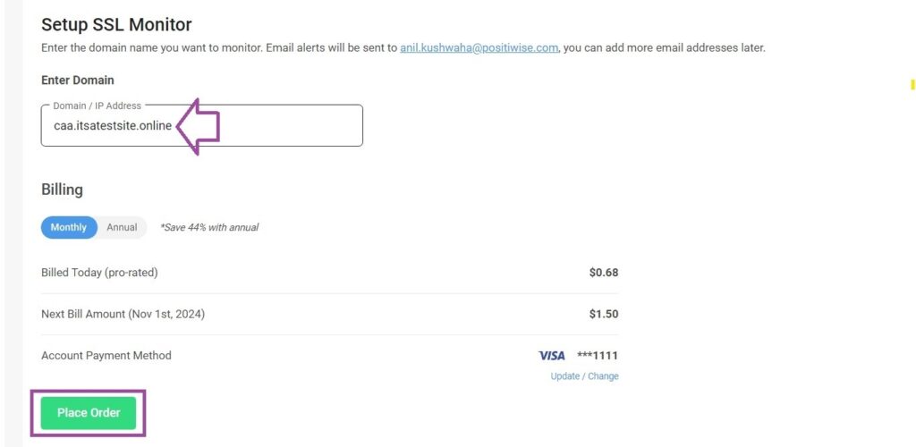 A screenshot showing where to enter your domain name when setting up CertPanel SSL Monitor