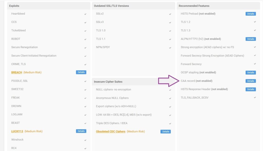 A screenshot of where to find the CAA record status in CertPanel SSL Monitor