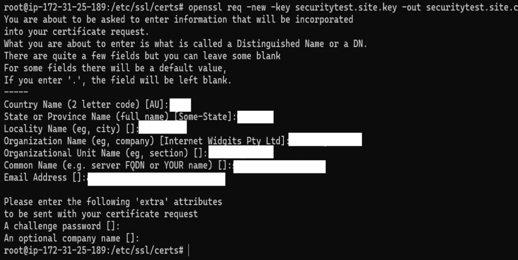 A screenshot of the certificate field information you must enter when completing a CSR before you install an SSL certificate on Apache2 Debian