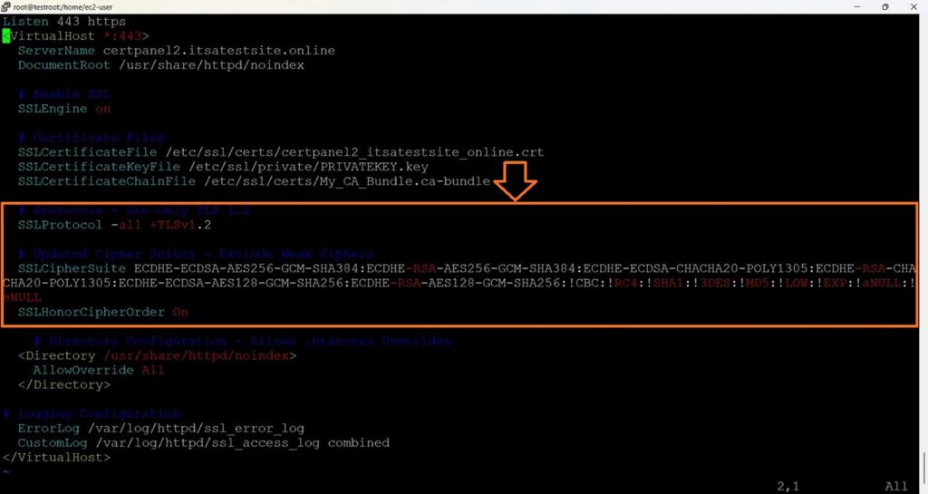 Apache-specific config file settings to enable secure protocols and cipher suites