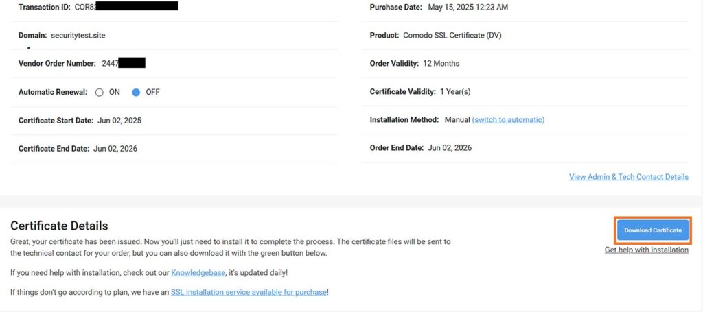 An example order screen showing where you can download your SSL/TLS certificate once the domain validation process is completed.