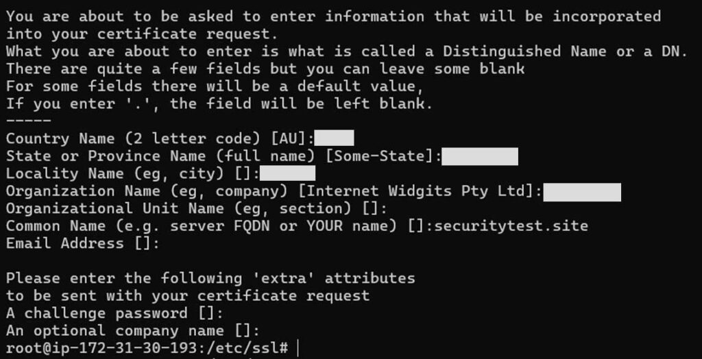 A redacted screenshot example of the fields you'll fill out when generating a CSR when purchasing an SSL/TLS certificate