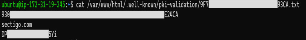 A partially redacted example that shows what you'll see when you follow the file-based validation steps on your server.