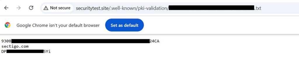 A redacted screenshot showing the HTTP validation information that displays when you check the specified URL where the unique file must be placed