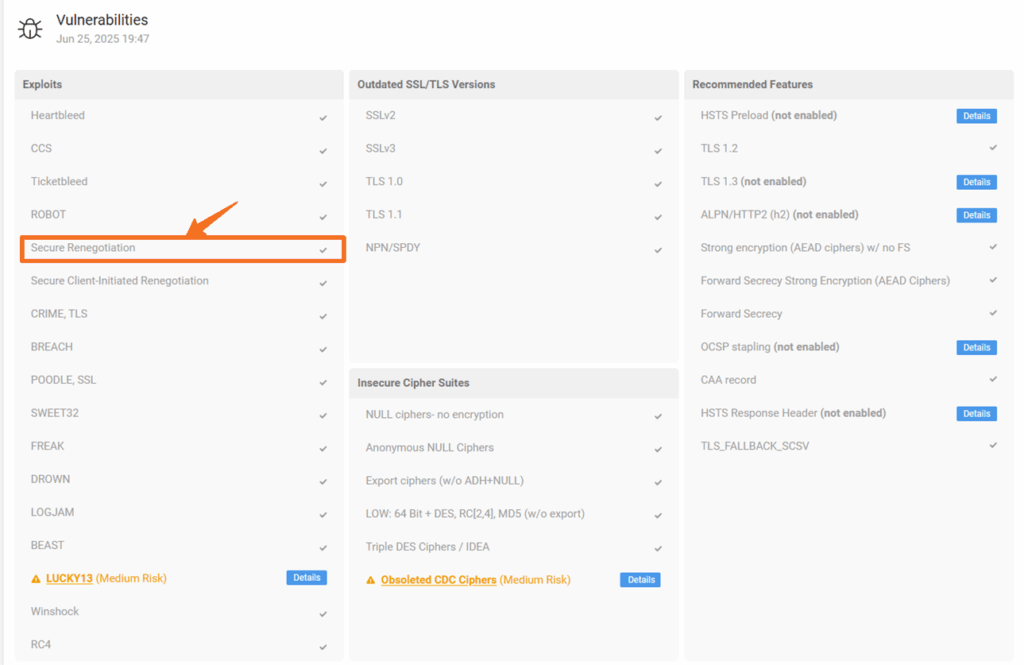 A screenshot of CertPanel SSL Monitor showing that secure renegotiation is enabled on the test website's server