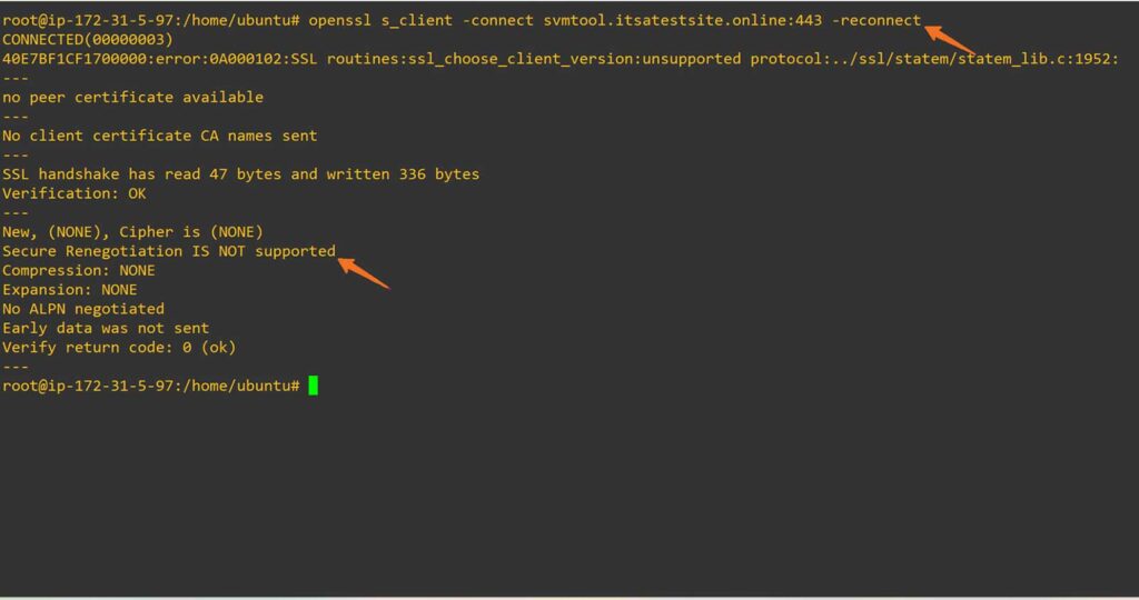 A screenshot showing that SSL Secure Renegotiation IS NOT supported in OpenSSL