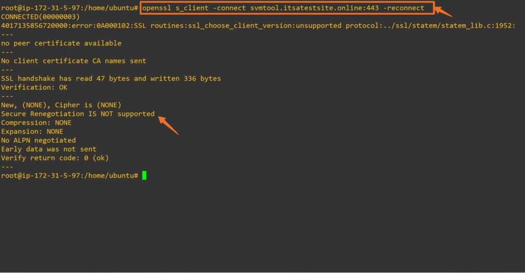 Image caption: Secure renegotiation IS NOT supported via OpenSSL.