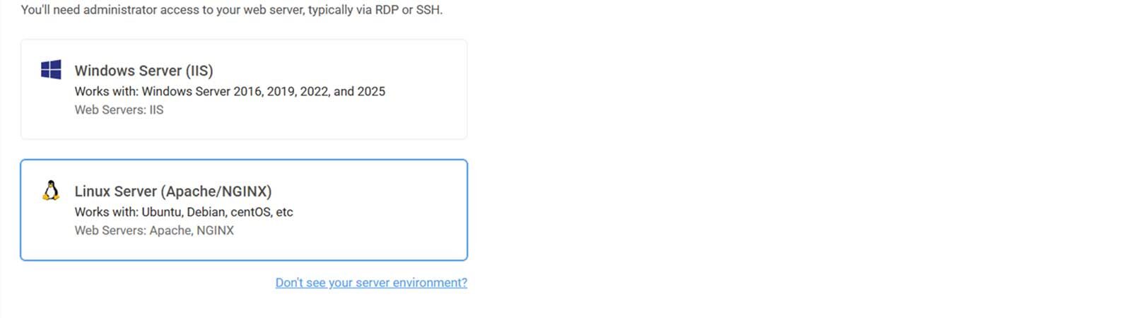 A screenshot showing where to select your server type (Linux) in CertPanel