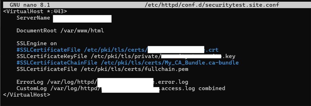 A screenshot showing how to configure the VirtualHost block with the fullchain.pem file