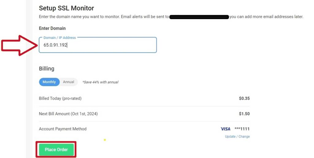 A screenshot showing how to set up SSL Monitor to scan your hostname domain or IP address