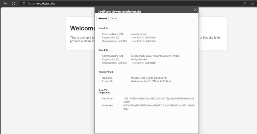Install SSL certificate NGINX Ubuntu example graphic showing an installed SSL/TLS certificate on a test website