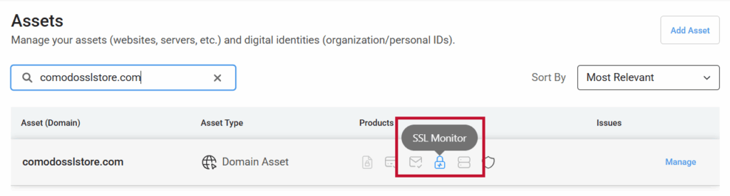 A demonstration of where to find SSL Monitor for a specific domain in CertPanel