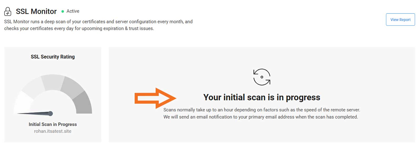 A message showing in CertPanel SSL Monitor that an online SSL scan of a specified domain is in progress