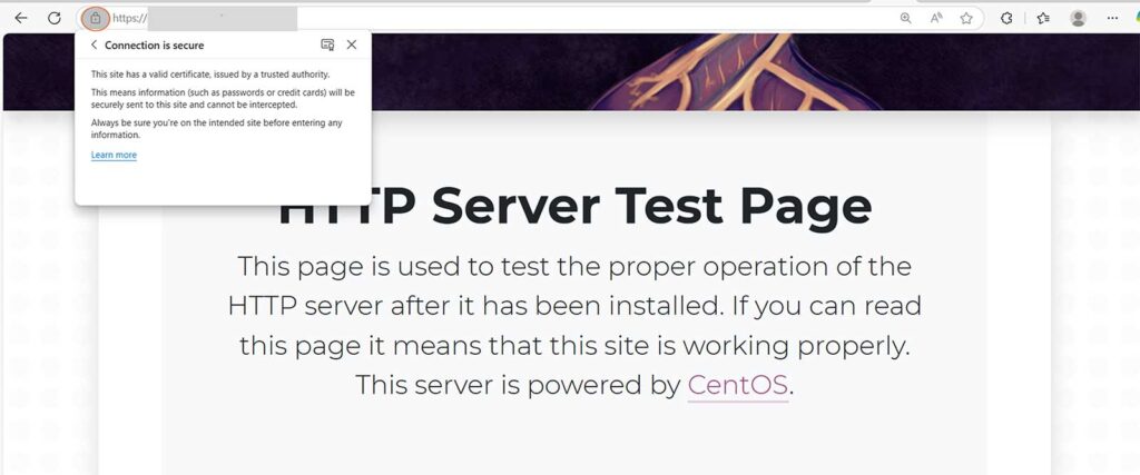 A test of the HTTPS being enabled on a server after installing an SSL certificate on CentOS 7 Apache