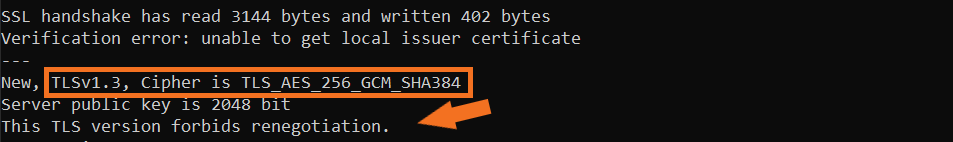 A screenshot illustrating the type of message you'll see when TLS 1.3 is enabled and both insecure and secure renegotiation are forbidden