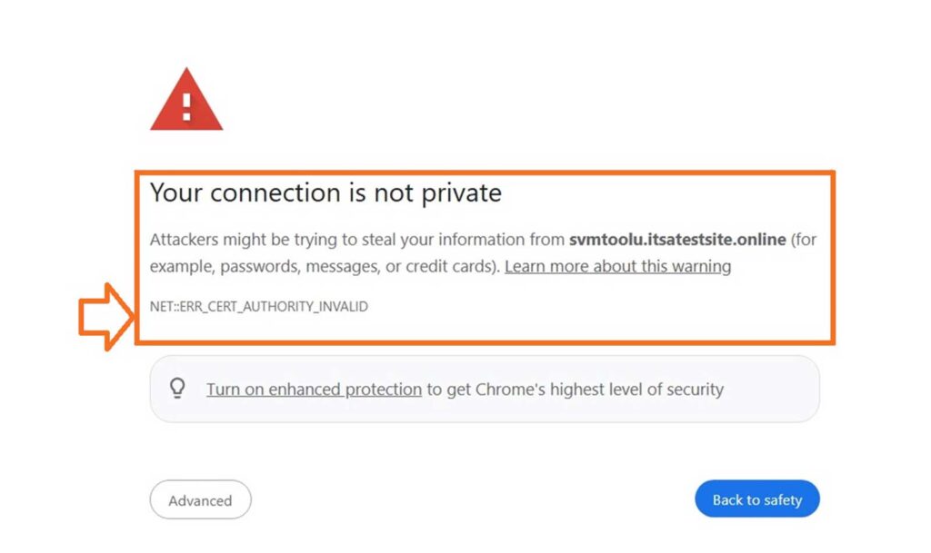 A screenshot of the Google Chrome error "your connection is not private" that results from an SSL vulnerability (e.g., an untrusted SSL/TLS certificate)
